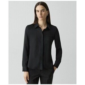 Theory 100% Silk Georgette Blouse Black Button Down Shirt Women’s Small EUC
